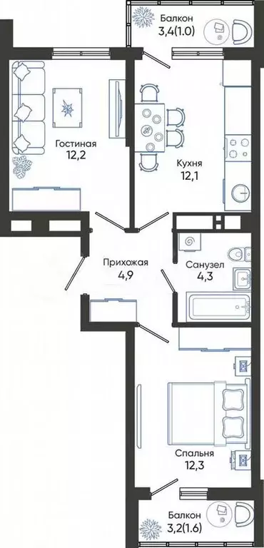 2-к. квартира, 48,4 м, 11/24 эт. - Фото 0