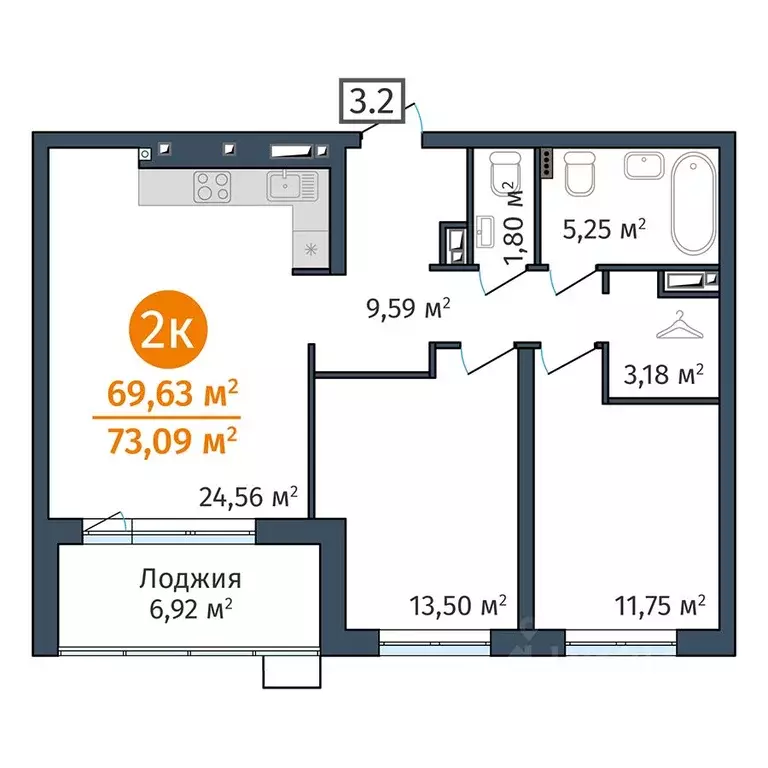 2-к кв. Тюменская область, Тюмень ул. Краснооктябрьская, 12 (69.63 м) - Фото 0