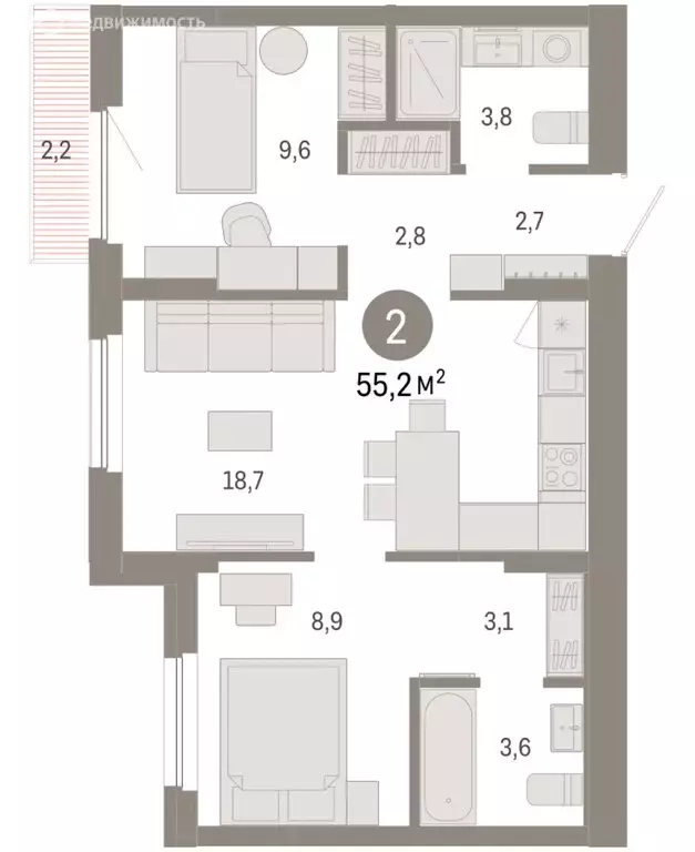 2-комнатная квартира: Новосибирский район, рабочий посёлок Краснообск, ... - Фото 2