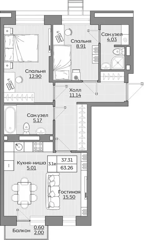 3-комнатная квартира: Казань, ЖК Батталовский (63.26 м) - Фото 0