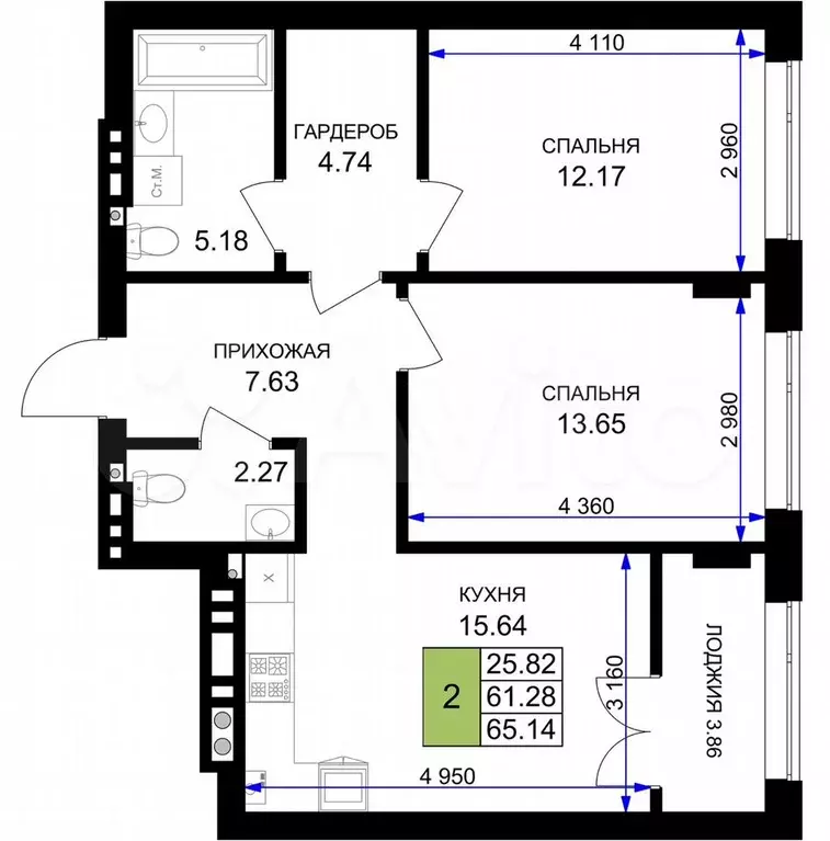 2-к. квартира, 65,1 м, 7/7 эт. - Фото 1