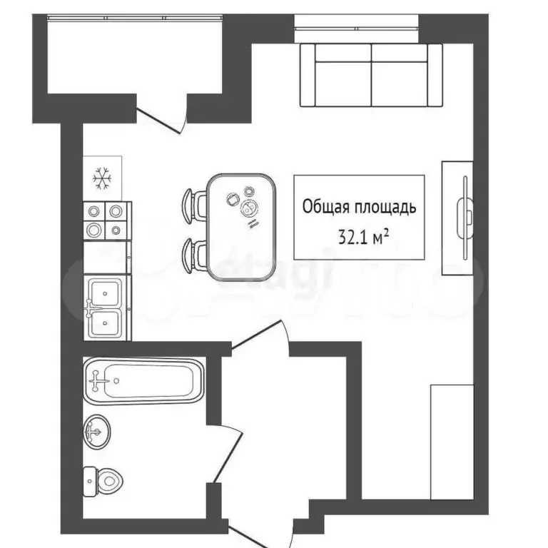 Квартира-студия, 32,1 м, 12/14 эт. - Фото 1