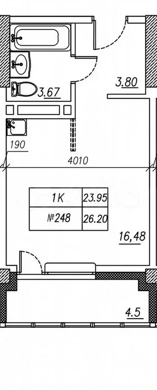 Квартира-студия, 26,2 м, 19/24 эт. - Фото 1