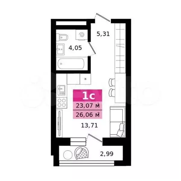 Квартира-студия, 26,1 м, 14/27 эт. - Фото 0