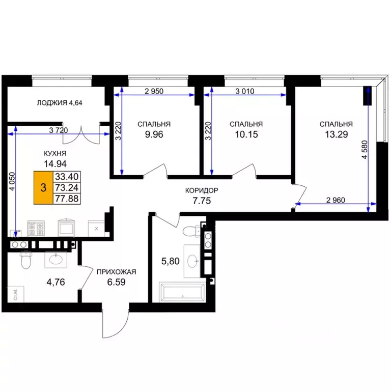 3-к кв. Калининградская область, Гурьевск Включи жилой комплекс (77.88 ... - Фото 1