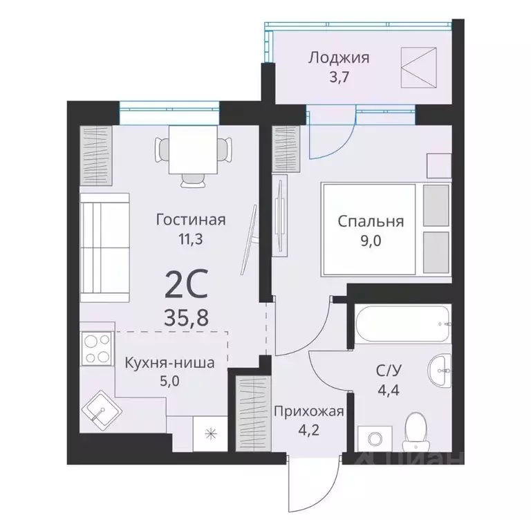 2-к кв. Новосибирская область, Новосибирск  (35.8 м) - Фото 0