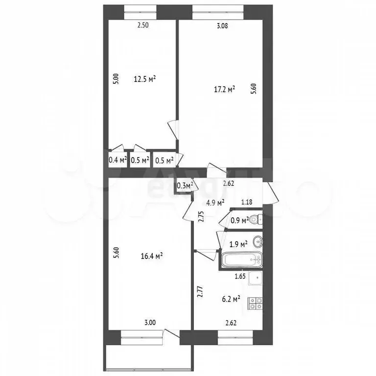 3-к. квартира, 61,7 м, 5/5 эт. - Фото 0