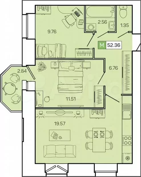 2-к. квартира, 52,4м, 7/9эт. - Фото 1