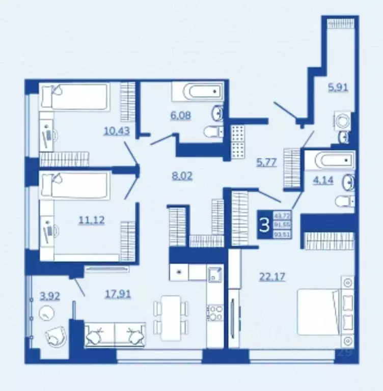 3-к кв. Брянская область, Брянск Новый Город жилой комплекс (93.51 м) - Фото 1