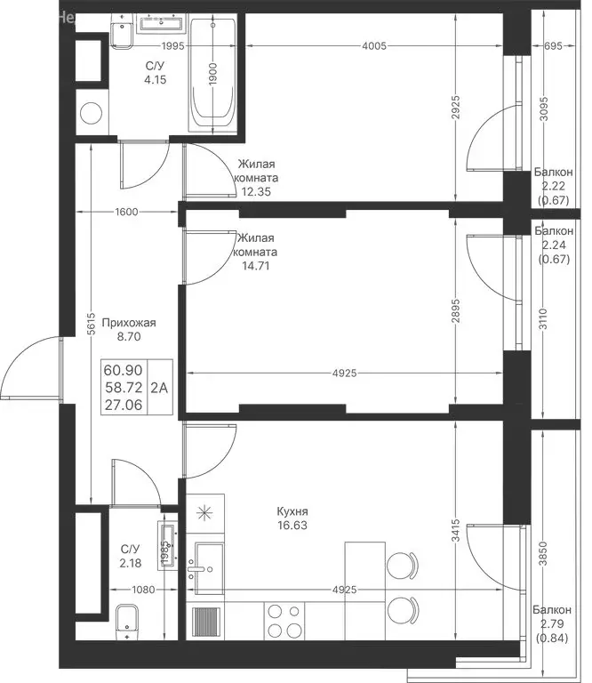 2-комнатная квартира: Казань, ЖК Мой Ритм, ПК14 (60.9 м) - Фото 1