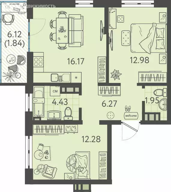 2-комнатная квартира: Краснодар, улица имени Б.С. Кудухова, 1к1 (55.36 ... - Фото 1