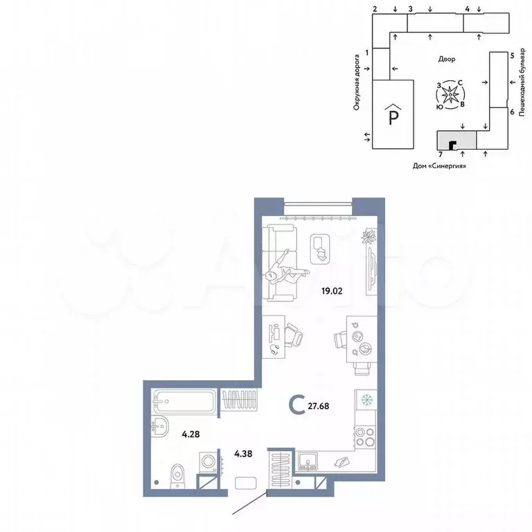 Квартира-студия, 27,7 м, 6/13 эт. - Фото 0