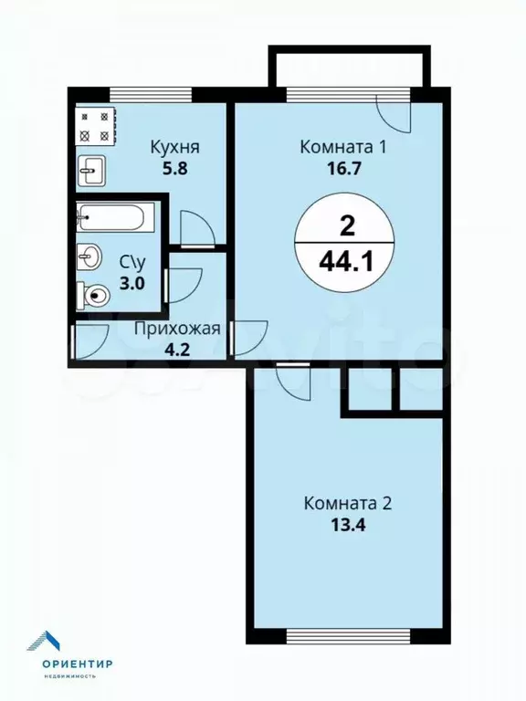 2-к. квартира, 44 м, 5/5 эт. - Фото 0