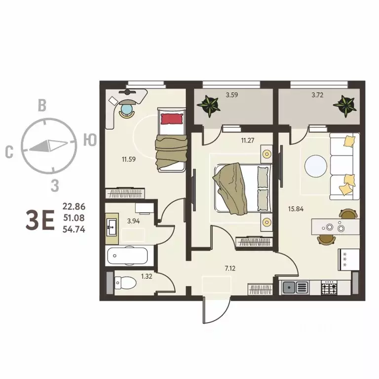 2-к кв. Воронежская область, с. Новая Усмань, Ольха мкр  (54.74 м) - Фото 1