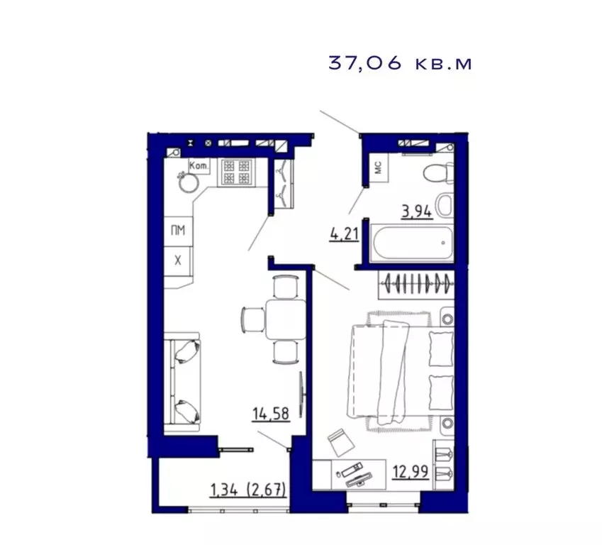 1-комнатная квартира: Аксай, ЖК Авиатор (37.06 м) - Фото 0