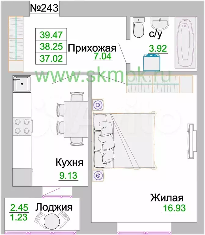 1-к. квартира, 39 м, 5/9 эт. - Фото 1