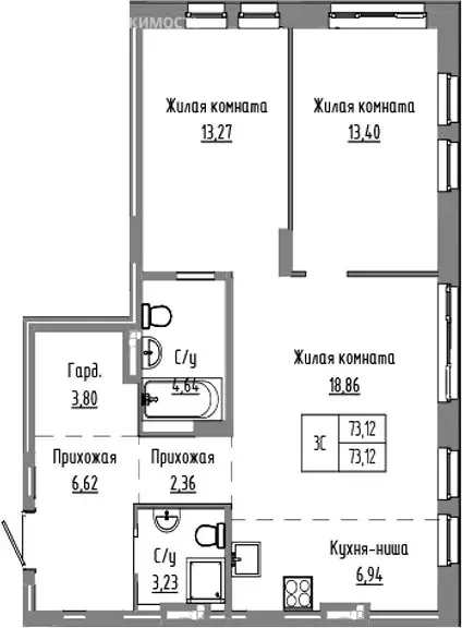 2-комнатная квартира: Краснообск, жилой комплекс Базилик (73.12 м) - Фото 1