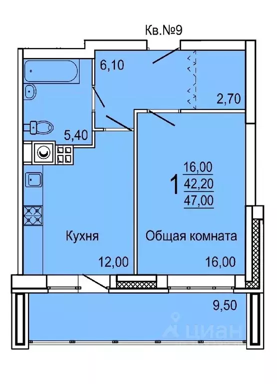 1-к кв. Тульская область, Тула ул. Седова, 20Д/1 (47.0 м) - Фото 0