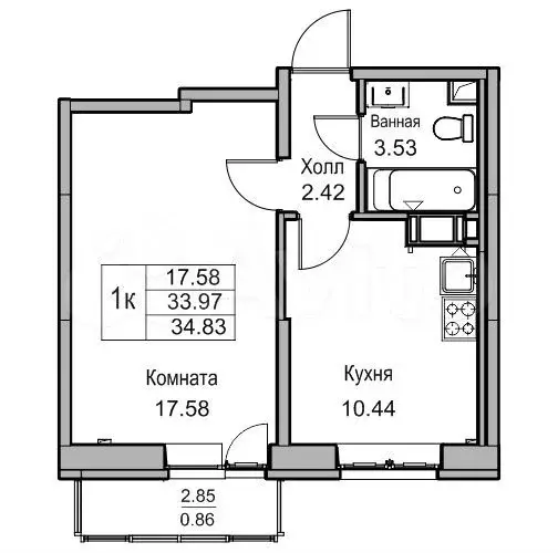 1-к. квартира, 34,8м, 20/24эт. - Фото 1