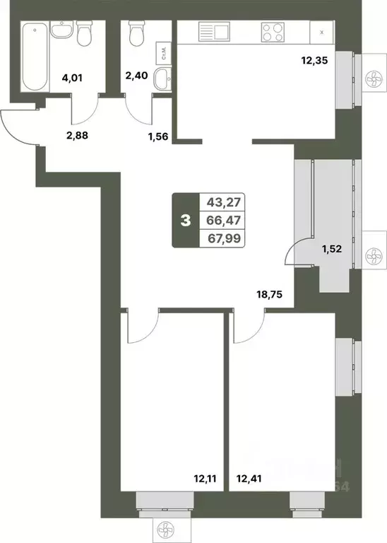 3-к кв. Башкортостан, Уфимский район, с. Миловка  (67.99 м) - Фото 1