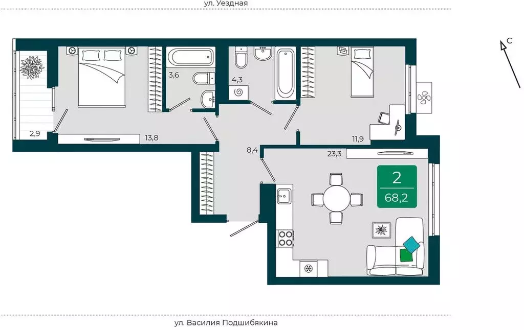 2-комнатная квартира: Тюмень, улица Андрея Бушуева, 1к1 (68.2 м) - Фото 1