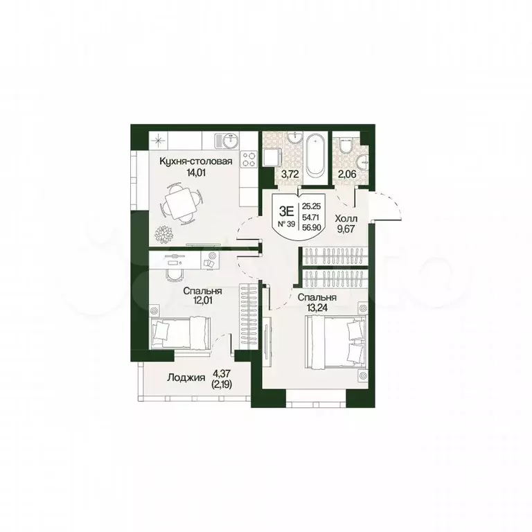 2-к. квартира, 56,9 м, 2/4 эт. - Фото 0