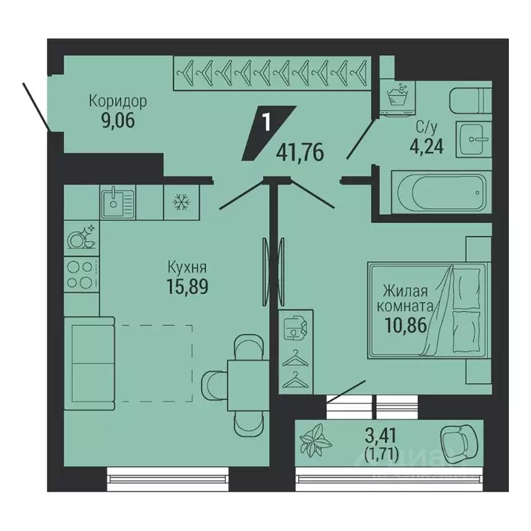 1-к кв. Свердловская область, Екатеринбург пер. Ученический, 4 (41.88 ... - Фото 1