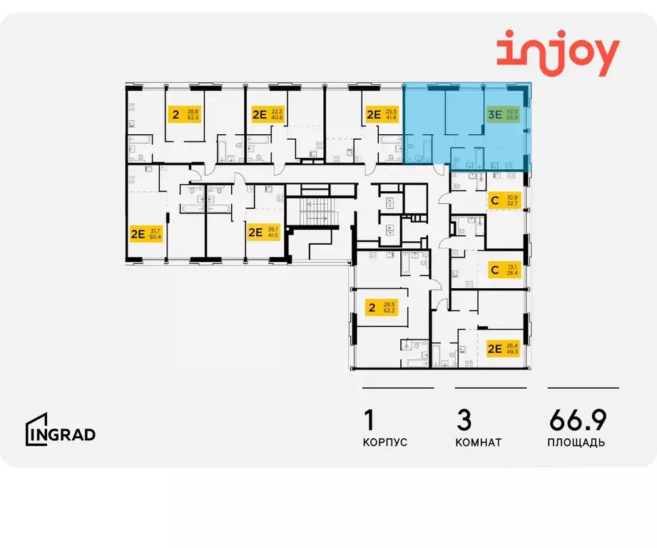 3-к кв. Москва Инджой жилой комплекс (66.9 м) - Фото 1