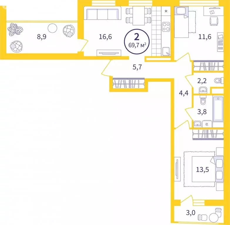 2-комнатная квартира: Екатеринбург, ЖК Астон Реформа (63.73 м) - Фото 1