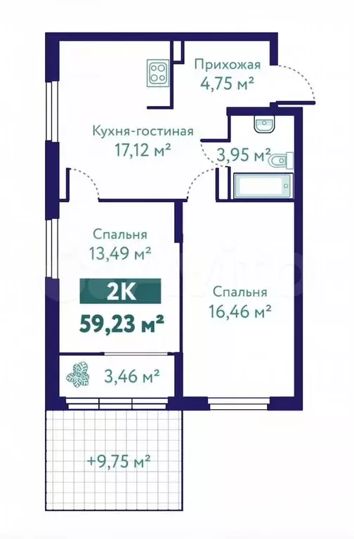 2-к. квартира, 59,2 м, 1/10 эт. - Фото 1
