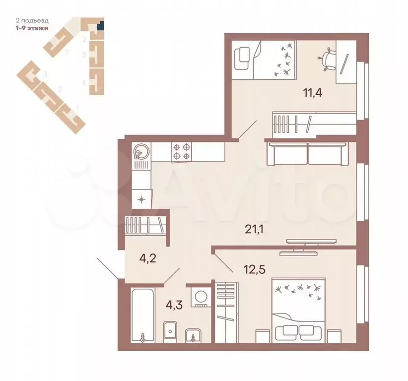 2-к. квартира, 53 м, 4/9 эт. - Фото 0