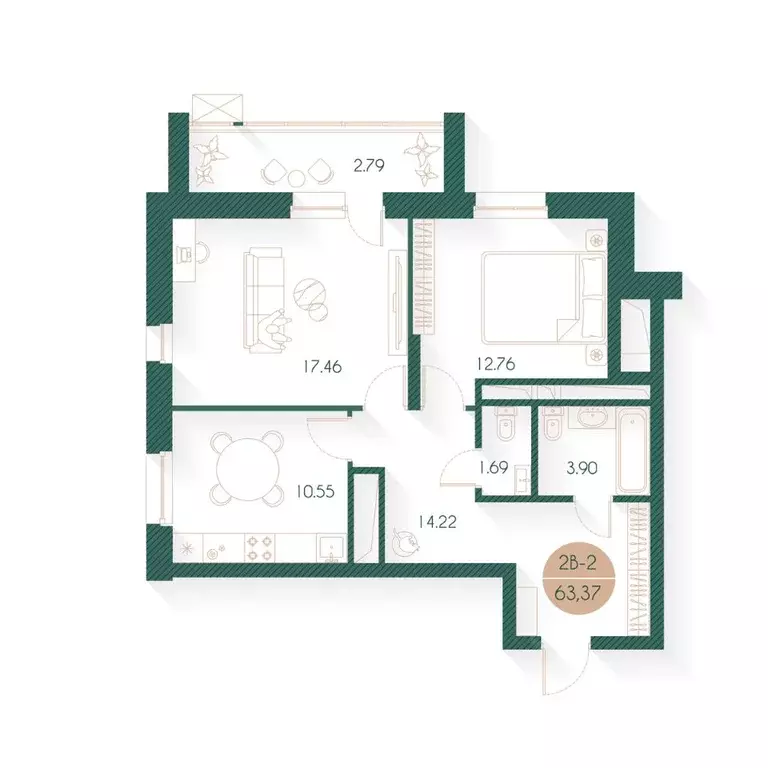 2-к кв. Татарстан, Казань Родины мкр, Наследие жилой комплекс (63.37 ... - Фото 1