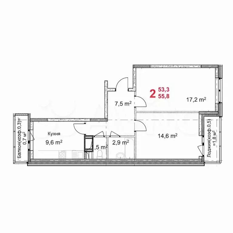 2-к. квартира, 55,8 м, 13/17 эт. - Фото 0