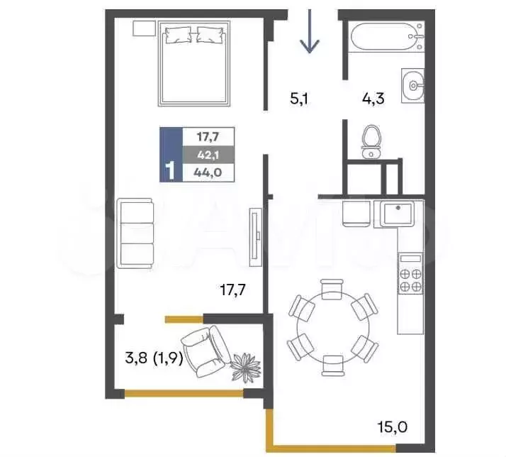 1-к. квартира, 44 м, 2/4 эт. - Фото 1