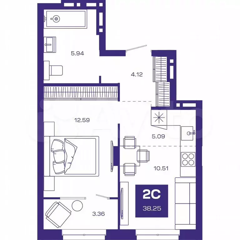 2-к. квартира, 39,4 м, 6/8 эт. - Фото 0
