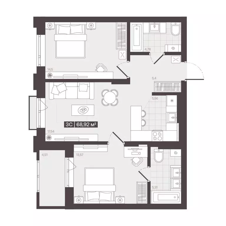 3-комнатная квартира: Кемерово, улица Гагарина (68.92 м) - Фото 0