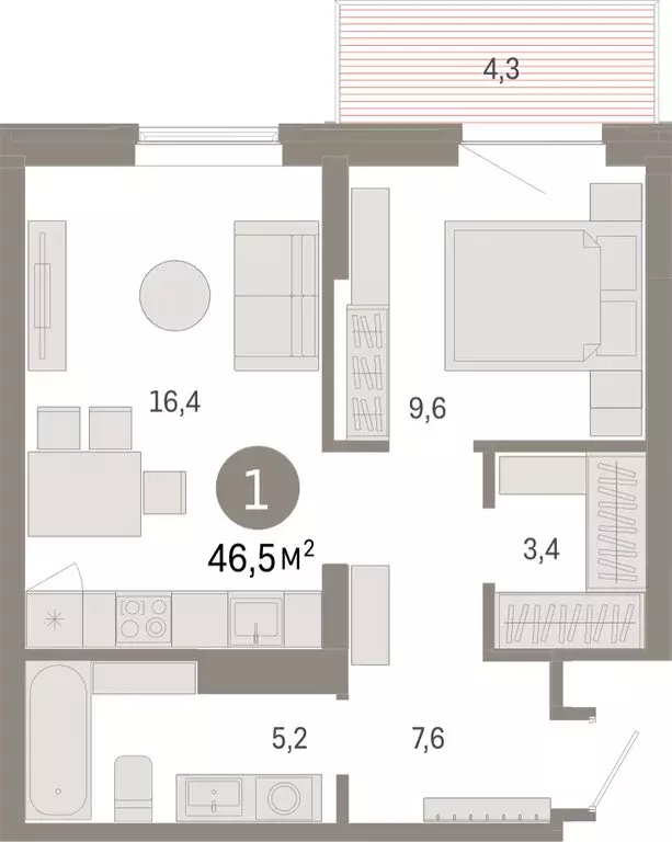 1-комнатная квартира: Омск, Кировский округ (46.45 м) - Фото 1