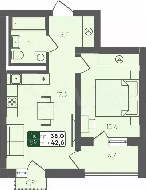 1-к. квартира, 37,9 м, 4/4 эт. - Фото 0