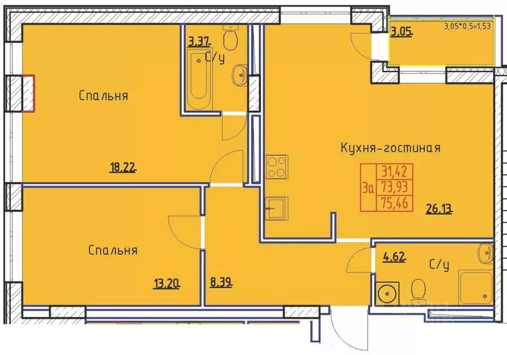 3-к кв. Саха (Якутия), Якутск ул. Федора Попова, 4 (75.46 м) - Фото 0