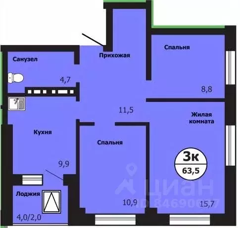 3-к кв. Красноярский край, Красноярск ул. Лесников, 51Б (63.5 м) - Фото 0