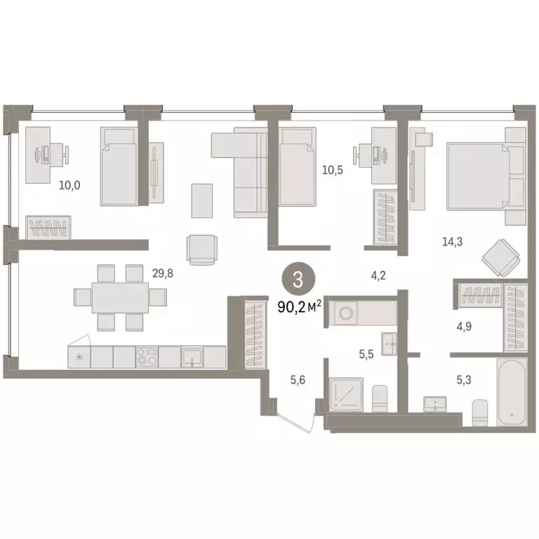 3-комнатная квартира: Тюмень, Урайская улица (90.15 м) - Фото 1