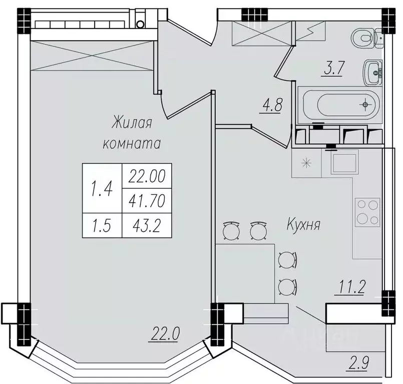 1-к кв. Курская область, Курск ул. Энгельса, 158к1 (43.2 м) - Фото 1