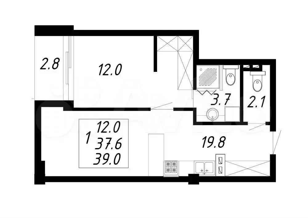 1-к. квартира, 39 м, 7/8 эт. - Фото 0
