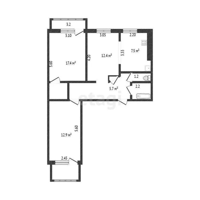 Квартира, 3 комнаты, 61.6 м - Фото 1