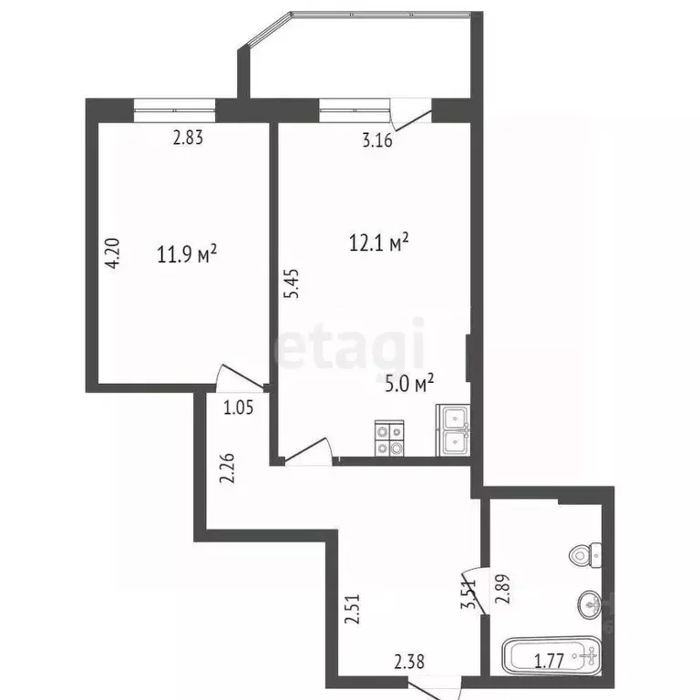 2-к кв. Ханты-Мансийский АО, Сургут ул. Крылова, 53 (45.8 м) - Фото 1