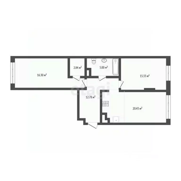 2-к кв. Тюменская область, Тюмень ул. 50 лет Октября, 57Бк2 (70.0 м) - Фото 2