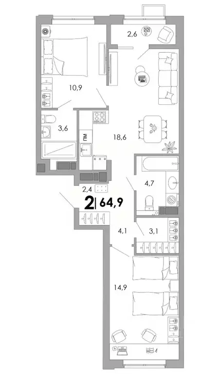 2-к кв. Владимирская область, Владимир Уно жилой комплекс (64.9 м) - Фото 1