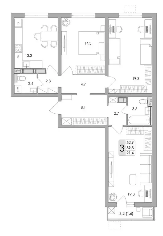 3-комнатная квартира: Воронеж, улица Шишкова, 140Б/16 (91.4 м) - Фото 0