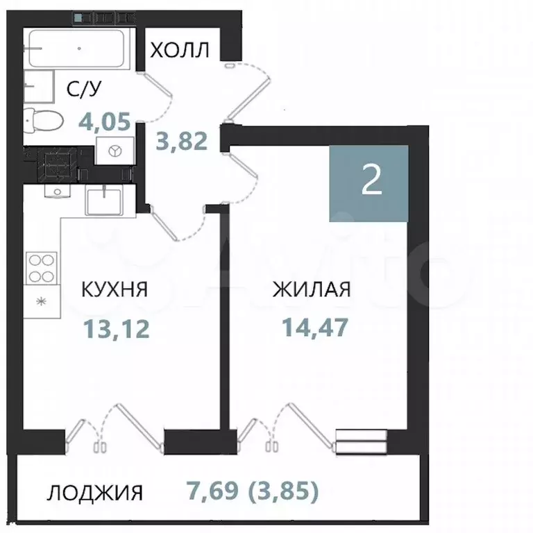 1-к. квартира, 39,3 м, 2/5 эт. - Фото 0