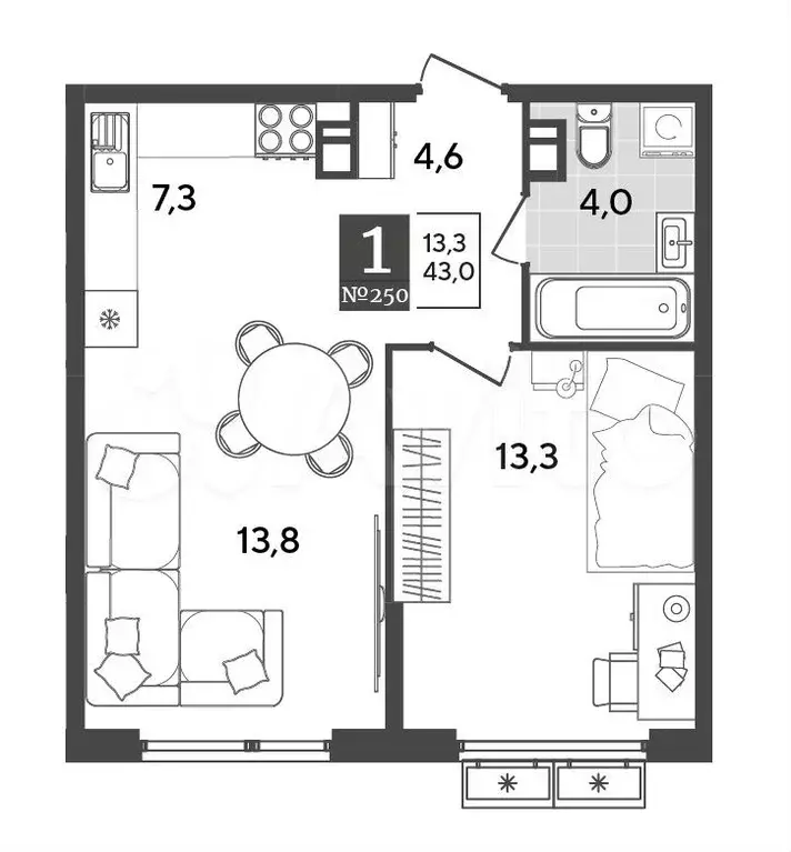 1-к. квартира, 43 м, 4/9 эт. - Фото 1